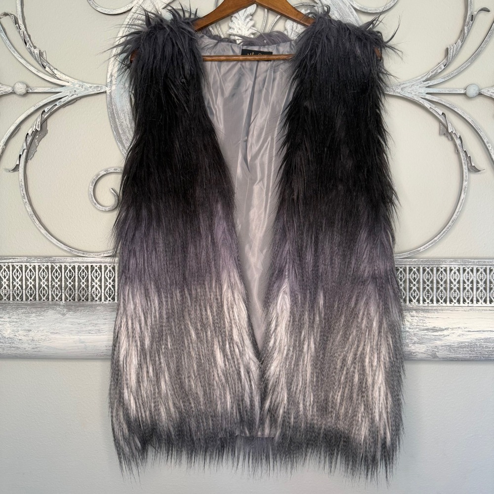 Melissa Paige Ombre Faux Fur Vest Grey Shaggy Open Front Sleeveless Gilet EUC